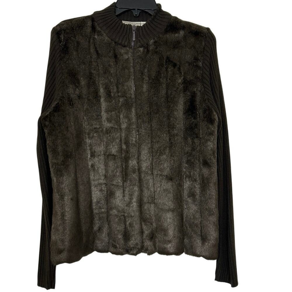 Vintage 90s Y2K Chocolate Brown Faux Fur Ribbed Knit Zip Up Sweater Cardigan Lg